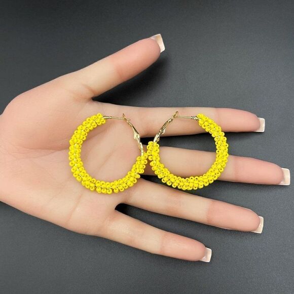 Yellow Gold Wire Wrapped Yellow Beaded Open Round Hinged Post Hoop Earrings - Picture 9 of 9